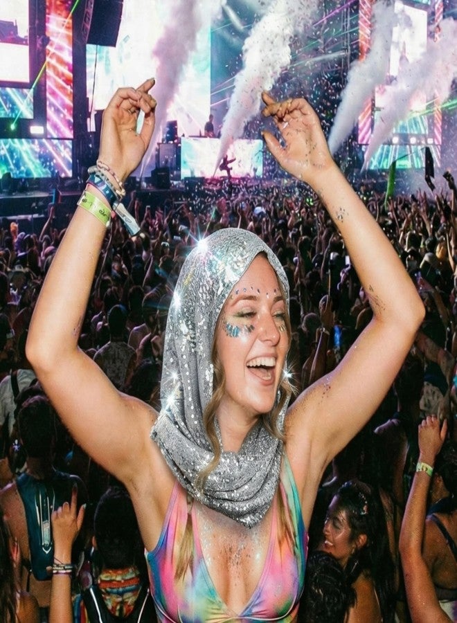 Simlakey Sequin Rave Hood Rave Scarf Outfit Accessories for Women Glitter Hooded Head Scarf for Halloween Concert Costume(Silver) - Image 5